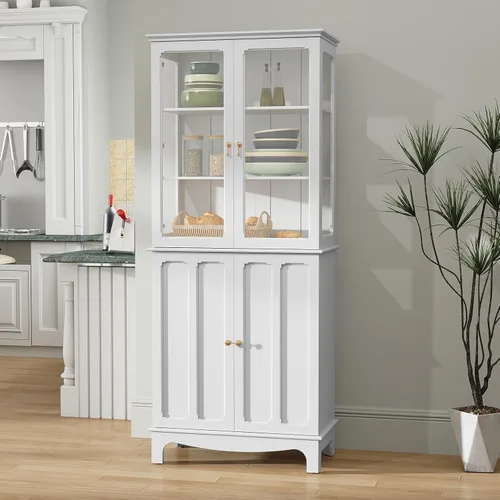 Miniatura 8 de ARTPOWER Aparador de almacenamiento independiente de despensa de cocina de 72 pulgadas, armario alto clásico con puerta de vidrio y estantes Negro