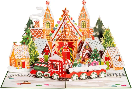 Miniatura 4 de Paper Love Tarjeta Emergente 3D de Pueblo de Jengibre Navideño, Regalo para Navidad o Días Festivos, Cubierta de 5" x 7" - Incluye Sobre y Etiqueta