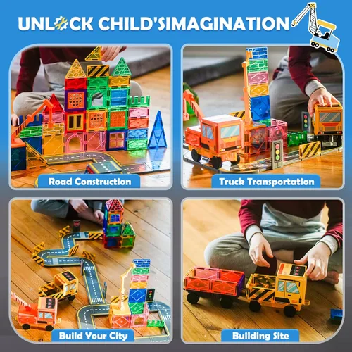 Miniatura 7 de Soyee 102 azulejos magnéticos con 2 autos y 2 grúas imán, construcción de juguetes para niños para juego creativo y aprendizaje STEM para niños