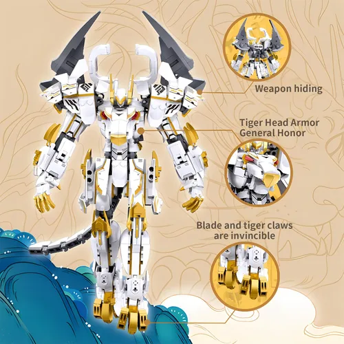 Miniatura 4 de CSNRHG Modelo de robot mecánico samurái de tigre blanco con doble hacha, bloques de construcción, juego de juguetes de cumpleaños mítico para niños