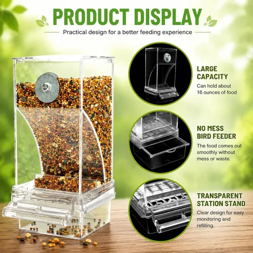 Miniatura 5 de Rypet Comedero Automático para Pájaros Sin Desorden Contenedor de Comida Transparente Jaula Comedero de Acrílico para Loros Accesorios para Pájaros