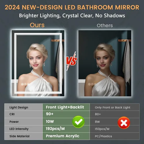 Miniatura 2 de Espejo de baño LED sin marco de 24 x 32 pulgadas, frontal y retroiluminado, vidrio templado inastillable, antivaho, 3 colores, regulable, memoria