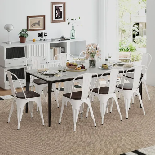 Miniatura 10 de COSTWAY Tolix - Sillas de comedor estilo industrial, apilables, de metal, con asiento de madera, juego de 4 (color blanco y marrón)