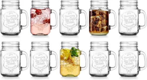 Glaver's Juego de 10 vasos de agua fría de 16 onzas con asas. Frascos con logotipo en relieve de calidad para bebidas, cócteles, batidos, batidos,