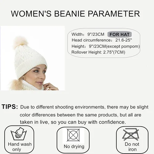 Miniatura 3 de Sombreros de invierno para mujer, gorro de punto con forro polar cálido, pompón de piel sintética extraíble