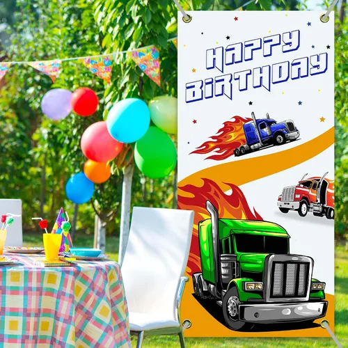 Miniatura 2 de Cartel de feliz cumpleaños de camiones resistentes, telón de fondo para cabina de fotos de camión grande, decoración de puerta delantera, decoración