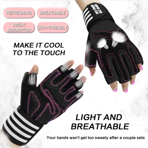 Miniatura 2 de Guantes de levantamiento de pesas para mujer, entrenamiento de gimnasio con soporte de muñeca, guantes acolchados de medio dedo para ejercicio