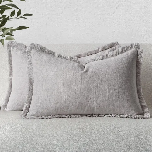 Miniatura 55 de MIULEE Juego de 2 fundas de almohada decorativas de lino neutro con flecos, fundas de cojín de estilo bohemio con borlas para sofá, cama, sala