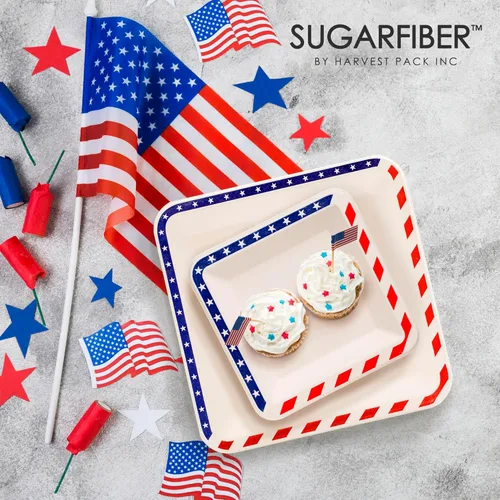 Miniatura 6 de Paquete de cosecha de 6.5 pulgadas, platos cuadrados desechables compostables con bandera americana, sin PFAS, para fiesta patriótica, 4 de julio