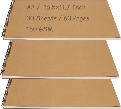 MOUYAT 3 cuadernos de dibujo A3, 60 páginas/30 hojas de 16.5 x 11.7 pulgadas, bloc de dibujo encuadernado en espiral, bloc de dibujo de paisaje de