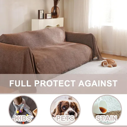 Miniatura 2 de Funda de sofá con borla, protector de sofá biplaza para mascotas, funda de sofá de felpilla de estilo bohemio en espiga marrón para sofá seccional