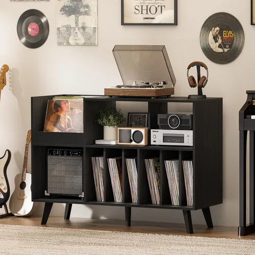 Miniatura 5 de LELELINKY Soporte grande para tocadiscos, soporte para tocadiscos de 48 pulgadas con almacenamiento, soporte para discos de vinilo con área