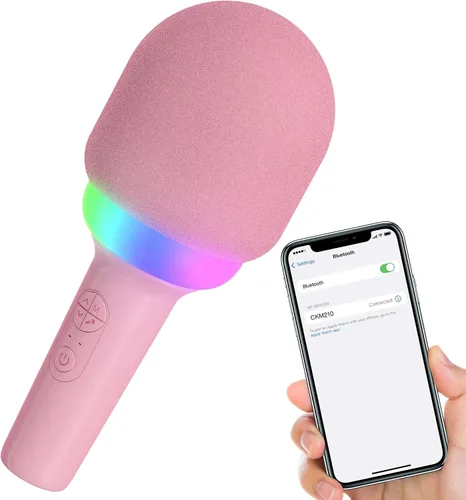 Miniatura 8 de Coby Micrófono LED para karaoke, micrófono inalámbrico con 5 modos de luz y 4 modos de cambio de voz, altavoz Bluetooth compatible con smartphone