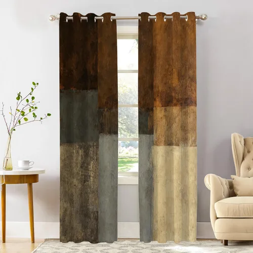 Miniatura 161 de Shrahala Beige and Orange Abstract Art Brushstrokes Blackout Curtain Tiers, Abstract Oil Paint Kitchen Valance Light Blocking Tier Drapes with Rod