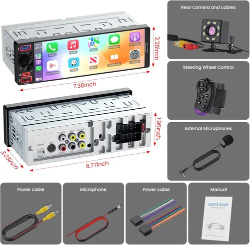 Miniatura 8 de Radio DIN individual estéreo para automóvil con Apple CarPlay y Android Auto, radio de coche con pantalla táctil InCell de 6.5 pulgadas con cámara