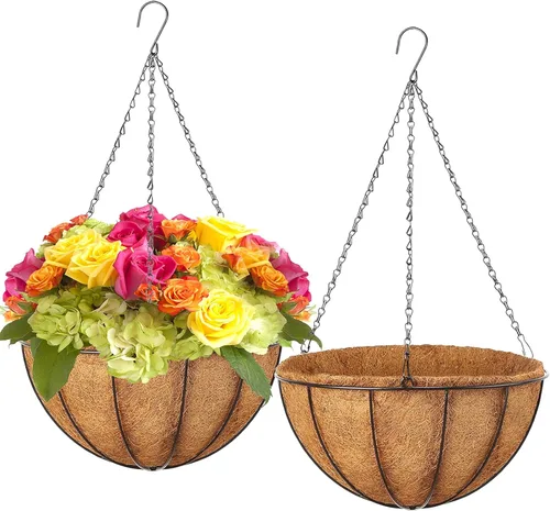 LCHUANG Cestas colgantes para plantas, paquete de 2 cestas de metal de 10 pulgadas con forro de fibra de coco, macetas colgantes para exteriores con