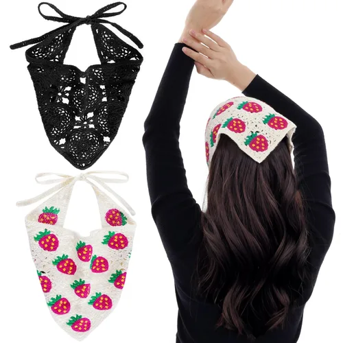 hoyuwak 2 bandanas de ganchillo para el cabello, diademas para la cabeza para mujeres y niñas, accesorios para el cabello de fresa floral para