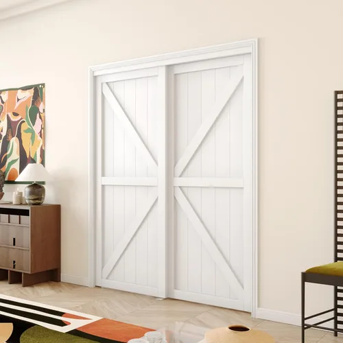 Puerta corredera de armario, puerta corredera de diseño Doble-K, 60"×80" (doble 30"), herrajes incluidos, panel preperforado necesita ensamblar,