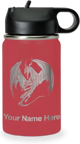 Miniatura 27 de LaserGram Botella de agua con tapa abatible de doble pared de 12 onzas con pajilla, dragón, grabado personalizado incluido (negro)