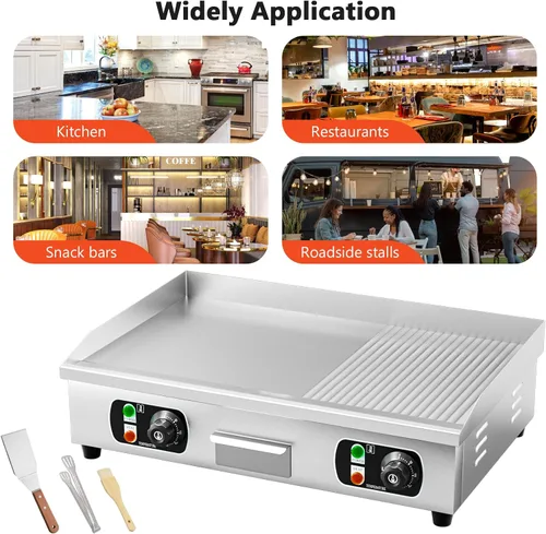 Miniatura 7 de Plancha eléctrica comercial de 29 pulgadas, parrilla de 110 V 3000 W, parrilla de placa caliente de parrilla plana, control termostático ajustable