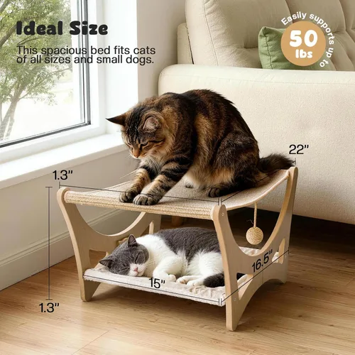 Miniatura 2 de Cama hamaca para gatos de doble capa, camas elevadas de madera para gatos con alfombrilla rascador de sisal natural, cama rascador para gatos