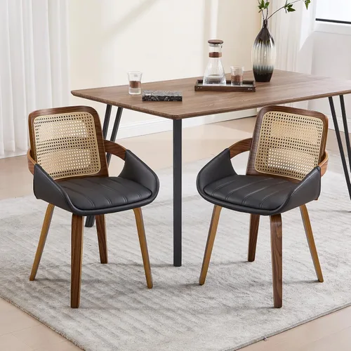 VipDesk Juego de 2 sillas de comedor, sillas de comedor modernas de mediados de siglo con brazos y respaldo de ratán, sillas de cocina de madera