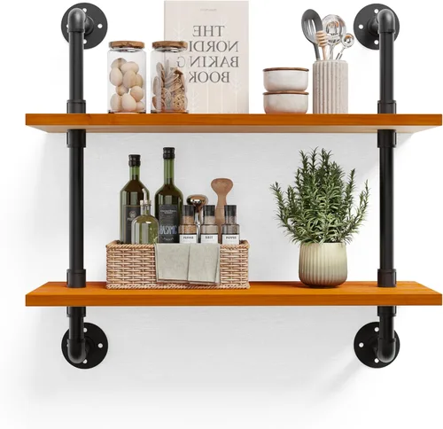 Miniatura 8 de HDDFER - Estantería industrial para tuberías rústicas en blanco, estantes de pared de tubería industrial con tablas de madera, estantes flotantes