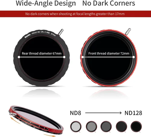 Miniatura 5 de Haida Filtro ajustable VND+CPL 2 en 1 ND8-ND128 de 2.835 in (3-7 paradas) para lente de cámara, polarizador de nanorrevestimiento múltiple + filtro