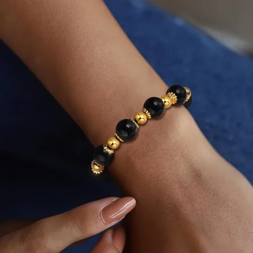 Miniatura 5 de MengPa Pulseras de cuentas de oro, pulsera de bolas de cuentas de piedra, joyería para mujer