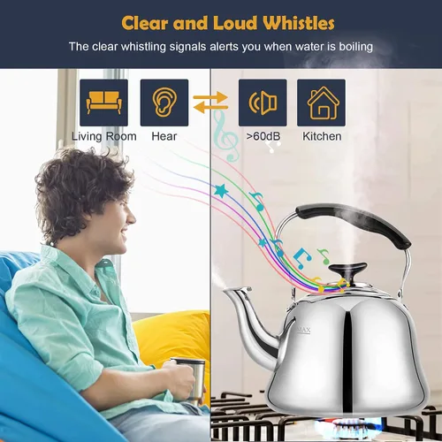 Miniatura 2 de Hervidor de Té para Estufa Silbante Clásico AMFOCUS, Hervidor de Té de Acero Inoxidable con Asa Plegable Resistente al Calor y Acabado Espejo, 2