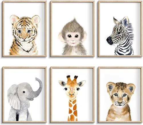 Decoración artística de pared de safari de selva para habitación del bebé, tigre, león, elefante, decoración de animales para dormitorio (12 x 16