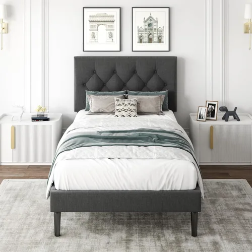 Miniatura 13 de CXVX Marco de cama de tamaño matrimonial con estructura de plataforma y cabecera tapizada, diseño con botones, listones de madera resistentes,