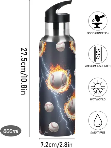 Miniatura 9 de Stainless Steel Vacuum Insulated Water Bottle 20 Oz, Leakproof Water Bottles for Gym Outdoor Travel School, Baseballs Splashes Water Flames
