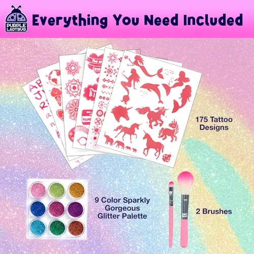 Miniatura 4 de PURPLE LADYBUG Tatuajes con purpurina para niños – Kit de tatuaje con purpurina de 175 diseños, tatuajes falsos temporales para niños, divertido