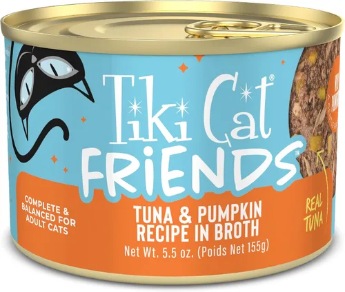 Tiki Cat Aloha Friends, atún y calabaza, sin granos y alta humedad, alimento húmedo para gatos para todas las etapas de la vida, latas de 5.5 onzas