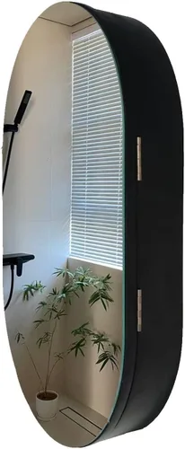 Miniatura 8 de Gabinete de espejo ovalado montado en la pared, armario de baño de madera, espejo de tocador de baño con estante de almacenamiento