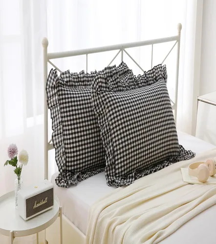 Fundas de almohada cuadradas a cuadros en blanco y negro con volantes, fundas de almohada a cuadros, fundas de almohada de gingham, fundas de