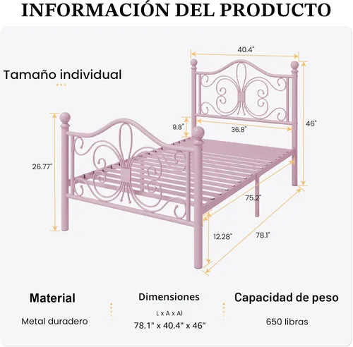 Miniatura 2 de SHA CERLIN Marco de Cama Tamaño Twin para Niños, Marco de Cama de Metal con Cabecero y Pie de Cama de Diseño de Patrón de Mariposa, No Necesita Rosa