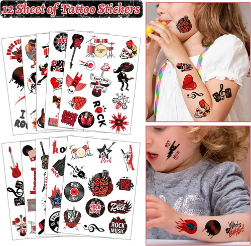 Miniatura 5 de Recuerdos de fiesta de Rock and Roll, decoraciones de suministros de estrella de rock incluye 12 llaveros, 12 insignias, 12 pulseras, 12 bolsas, 12