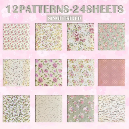 Miniatura 3 de 24 hojas de papel floral para álbumes de recortes, 6 x 6 pulgadas, bloc de papel de cartulina de decoupage, páginas de una sola cara