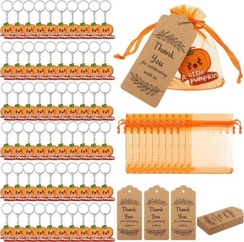 Inbagi Juego de 60 regalos de fiesta de baby shower de calabaza, incluye llaveros de calabaza, etiquetas de papel kraft con bolsas de organza para