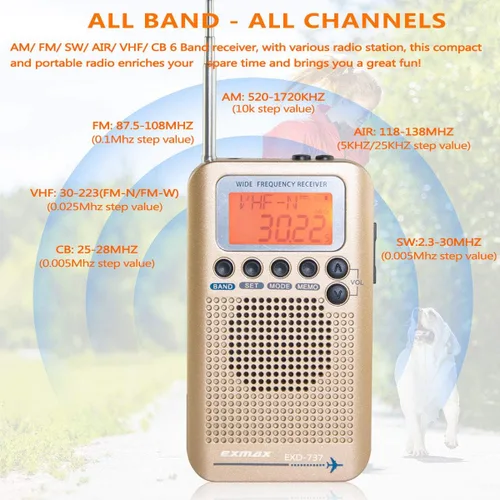 Miniatura 2 de EXMAX EXD-737 Receptor de radio de onda corta de frecuencia de banda completa Banda de aire portátil de mano para aviones Altavoz de alarma digital