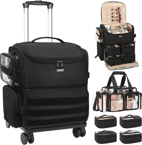 Miniatura 12 de Relavel Estuche de tren de maquillaje rodante, estuche de cosmetología sobre ruedas con 4 bolsas transparentes, bolsas profesionales para Negro
