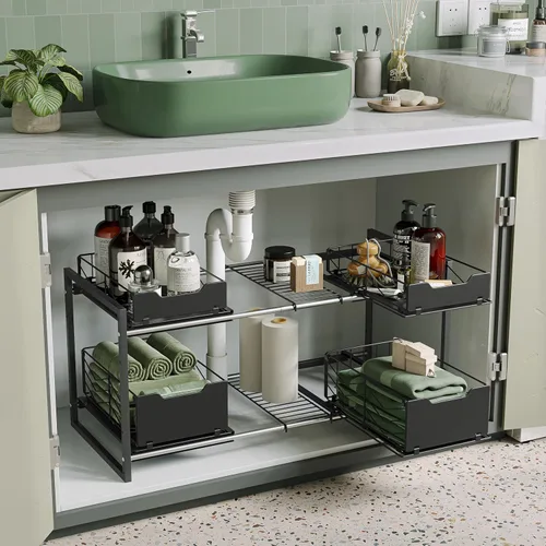 Miniatura 10 de NETEL Organizadores y almacenamiento para debajo del fregadero, organizador de armario de cocina, 2 niveles para debajo del fregadero estantes
