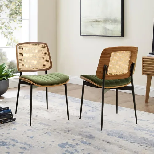 Miniatura 9 de LUNLING Sillas de comedor modernas de mediados de siglo, silla retro beige de piel sintética con asiento tapizado de madera curvada de nogal, patas