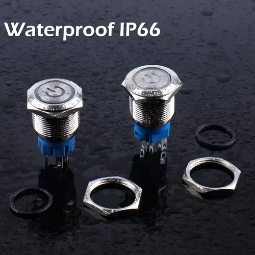 Miniatura 5 de 2 piezas de interruptor de botón de metal de cierre de 16 mm, 12V-24V, encendido/apagado, 1NO 1NC, impermeable, autoblocante, carcasa plateada