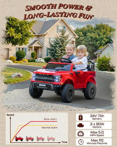 Miniatura 6 de First Ride On Juguetes de montar de 2 plazas de 24V para niños, vehículos eléctricos Ford F-150 Raptor con licencia para niños con control remoto