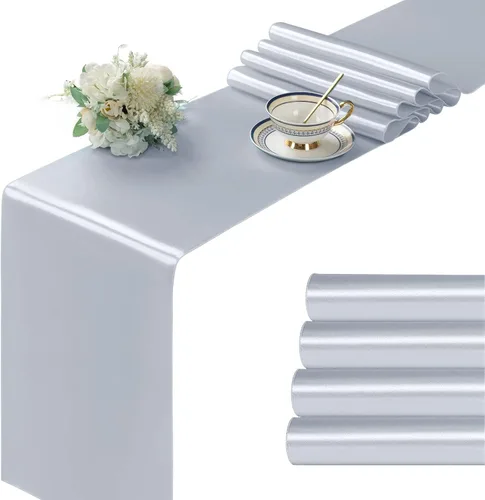 Miniatura 47 de Manyshofu 24 Piezas Caminos de Mesa de Satén Plateado – Tamaño Largo de 12 x 108 Pulgadas, Decoración de Camino de Mesa para Fiestas Brillante