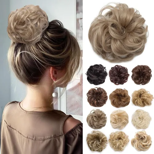 Miniatura 38 de Benehair Moño desordenado, pieza de pelo recogido para mujer, esponjoso, ondulado, moño con dona, moño sintético con banda elástica de goma