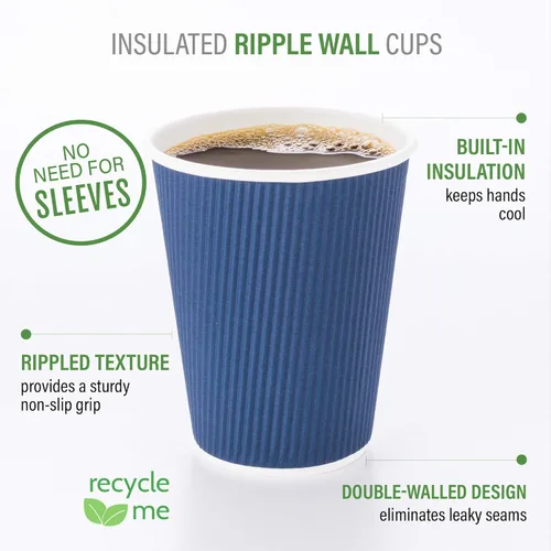 Miniatura 4 de Restaurantware Tazas de café desechables de doble pared de 8 onzas, 500 vasos de papel azul oscuro aislados, diseño de pared ondulada, las tapas se